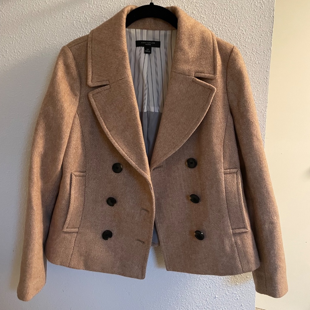 Ann Taylor Cropped Wool Blend Peacoat tan camel petite small SP